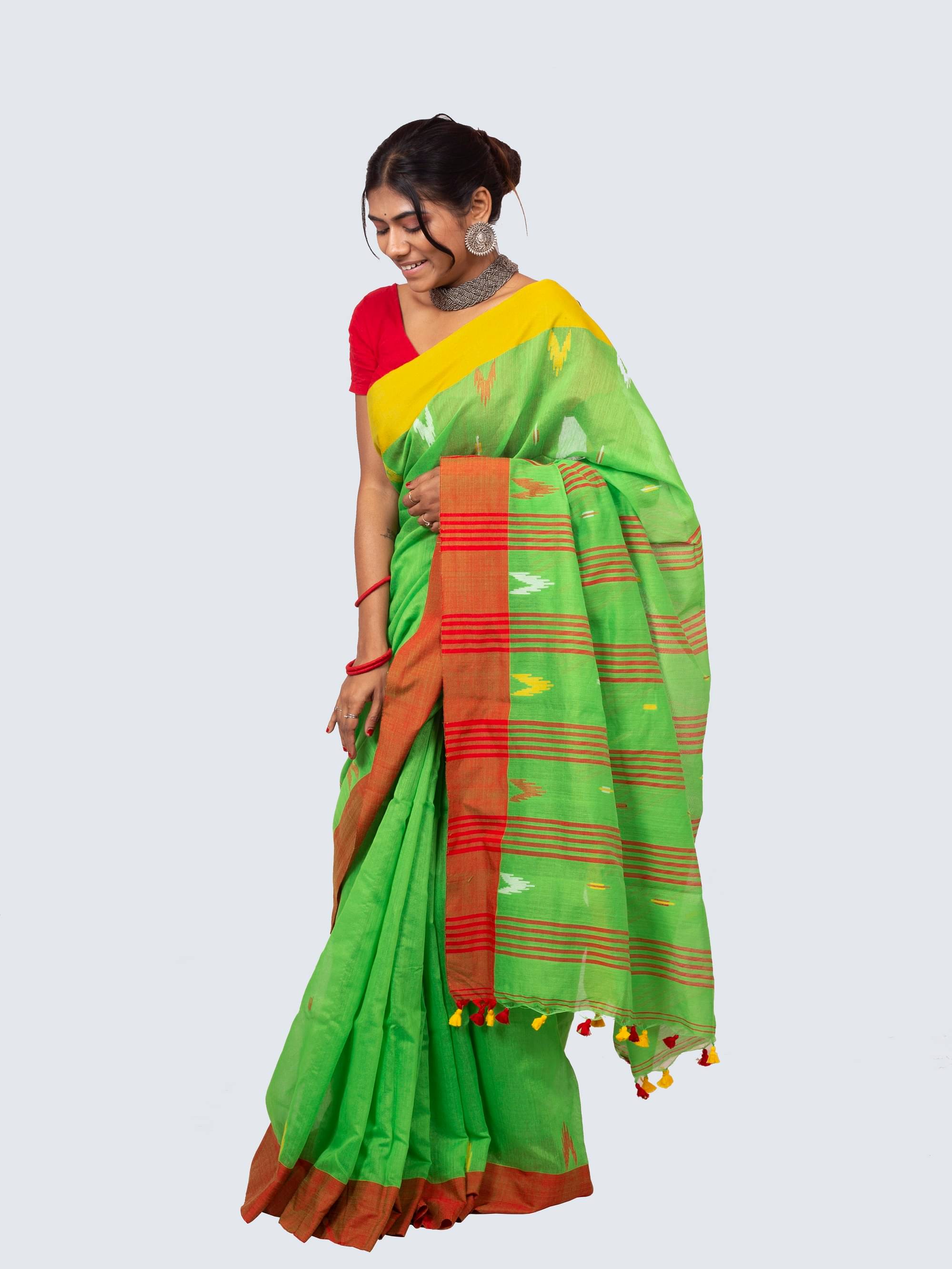 AngaShobha Cotton Blend Striped Saree With Unstitched Blouse Piece ( Green )     			AngaShobha Cotton Blend Striped Saree With Unstitched Blouse Piece ( Green )