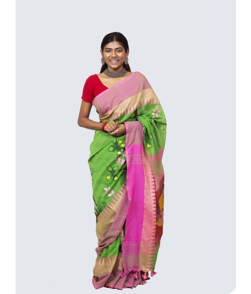     			AngaShobha Cotton Blend Printed Saree With Unstitched Blouse Piece ( Green )