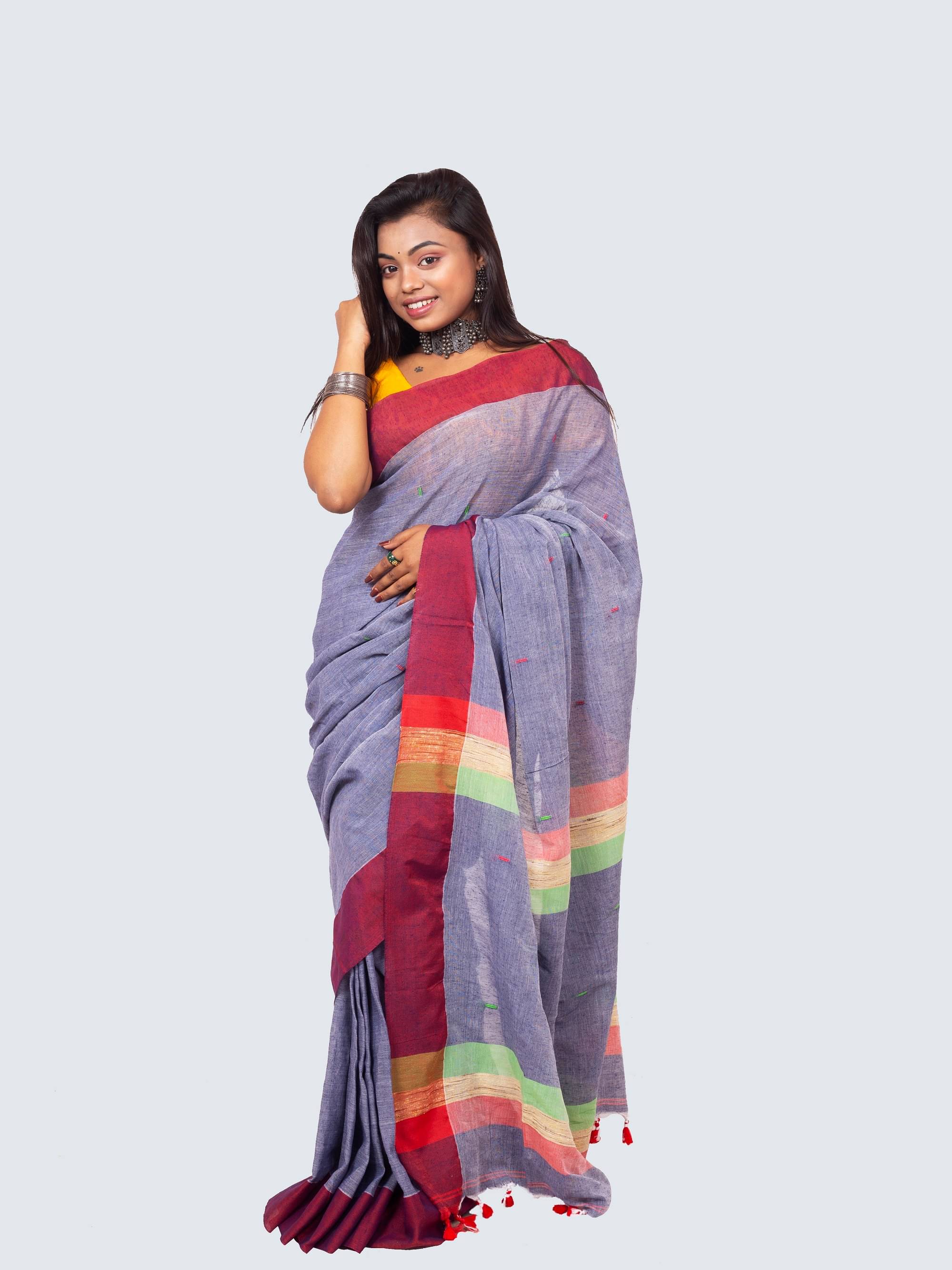 AngaShobha Cotton Blend Striped Saree With Unstitched Blouse Piece ( LightBLue )     			AngaShobha Cotton Blend Striped Saree With Unstitched Blouse Piece ( LightBLue )