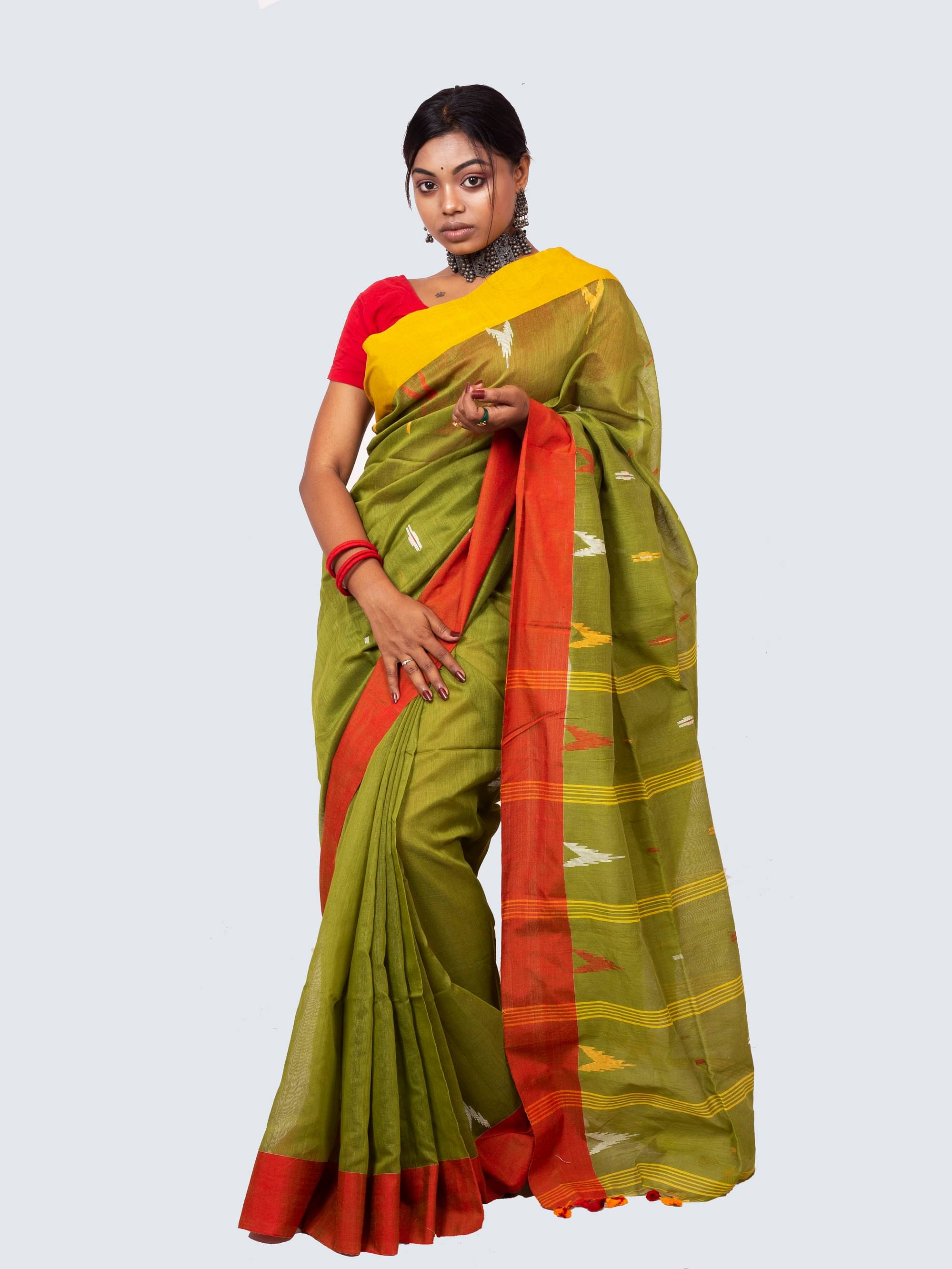 AngaShobha Cotton Blend Striped Saree With Unstitched Blouse Piece ( Olive ) AngaShobha Cotton Blend Striped Saree With Unstitched Blouse Piece ( Olive )