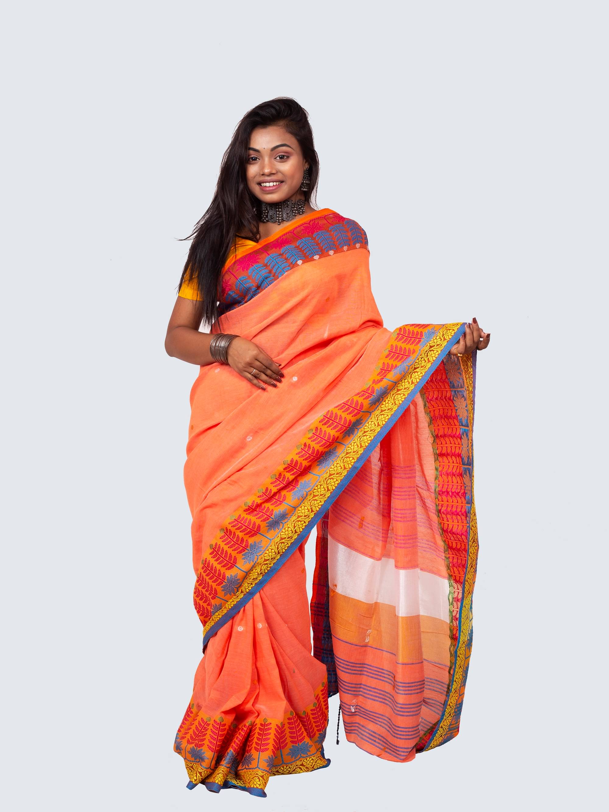 AngaShobha Cotton Blend Striped Saree With Unstitched Blouse Piece ( Orange )     			AngaShobha Cotton Blend Striped Saree With Unstitched Blouse Piece ( Orange )