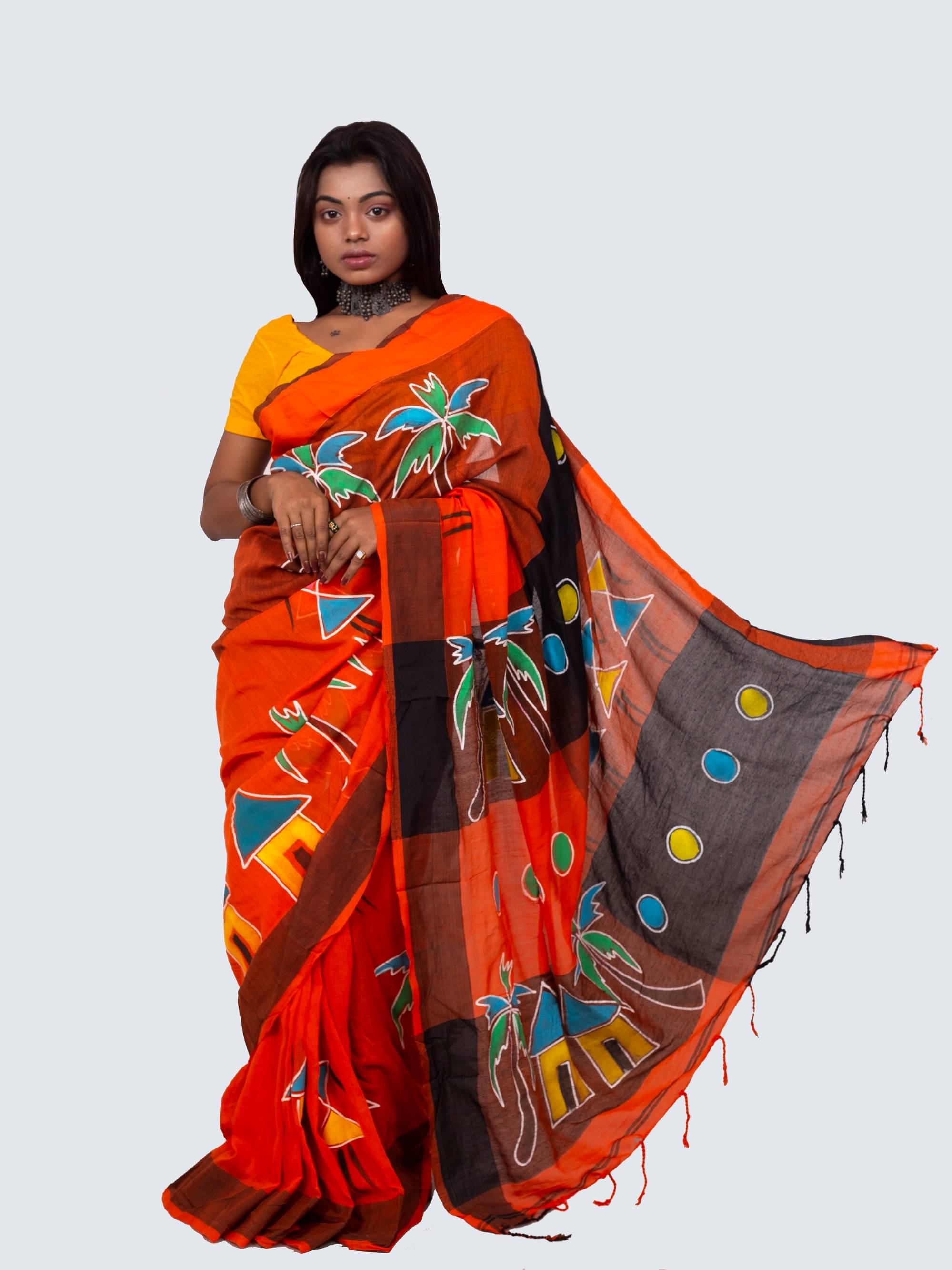 AngaShobha Cotton Blend Printed Saree With Unstitched Blouse Piece ( Orange ) AngaShobha Cotton Blend Printed Saree With Unstitched Blouse Piece ( Orange )