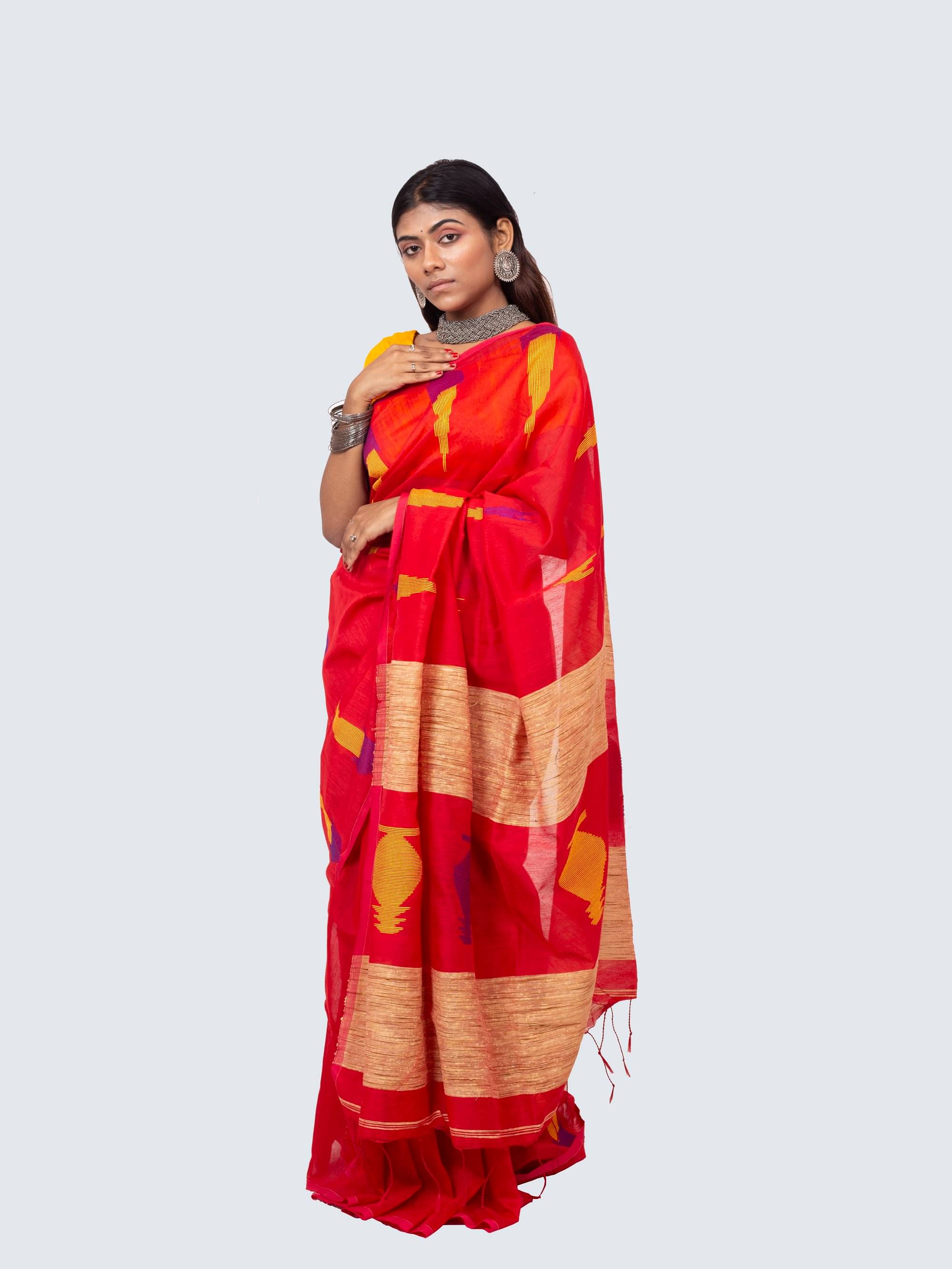     			AngaShobha Cotton Blend Self Design Saree With Unstitched Blouse Piece ( Red )