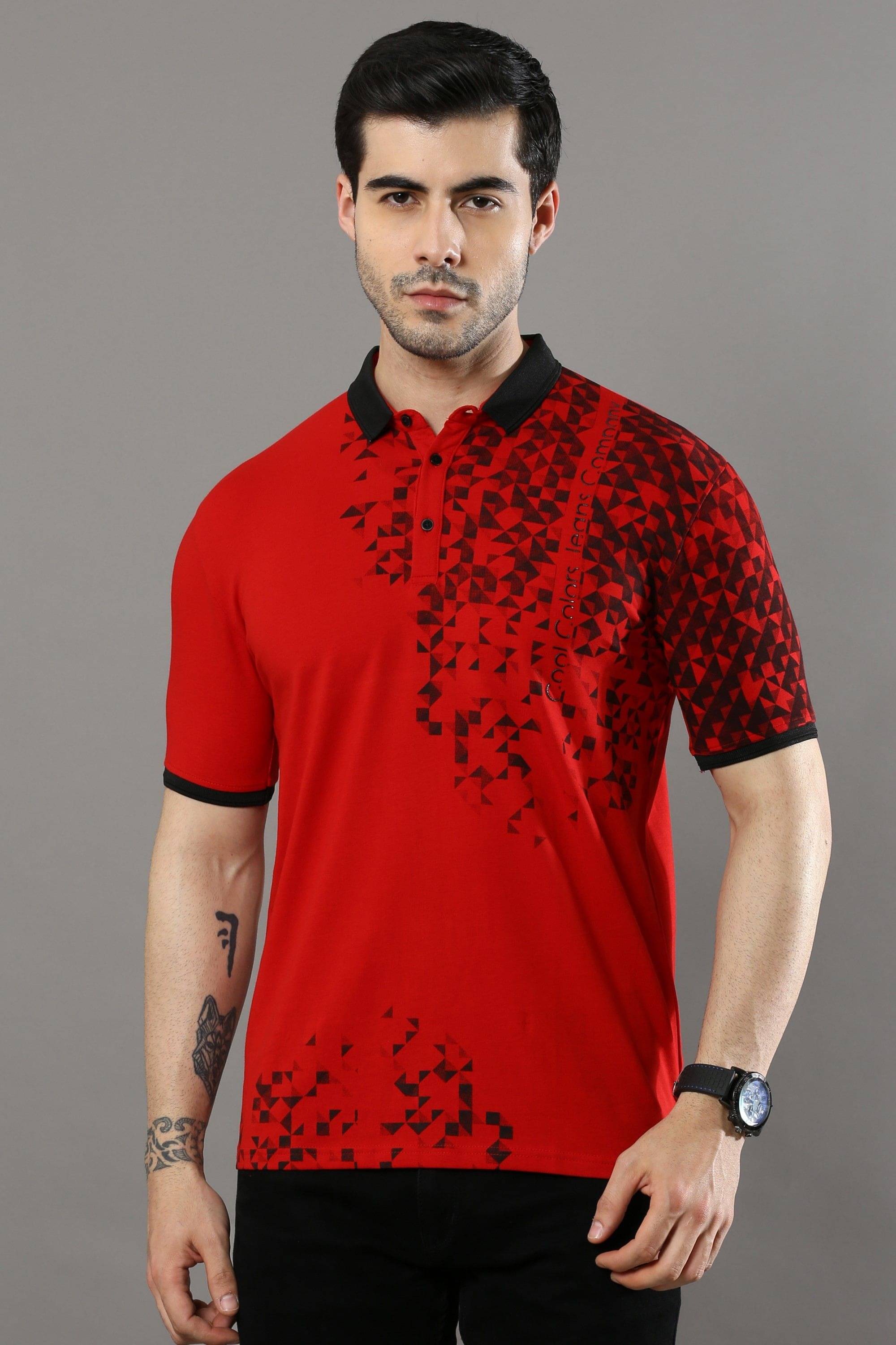 Cool Colors Pack of 1 Cotton Regular Fit Printed Half Sleeves Men's Polo T Shirt ( Red ) Cool Colors Pack of 1 Cotton Regular Fit Printed Half Sleeves Men's Polo T Shirt ( Red )