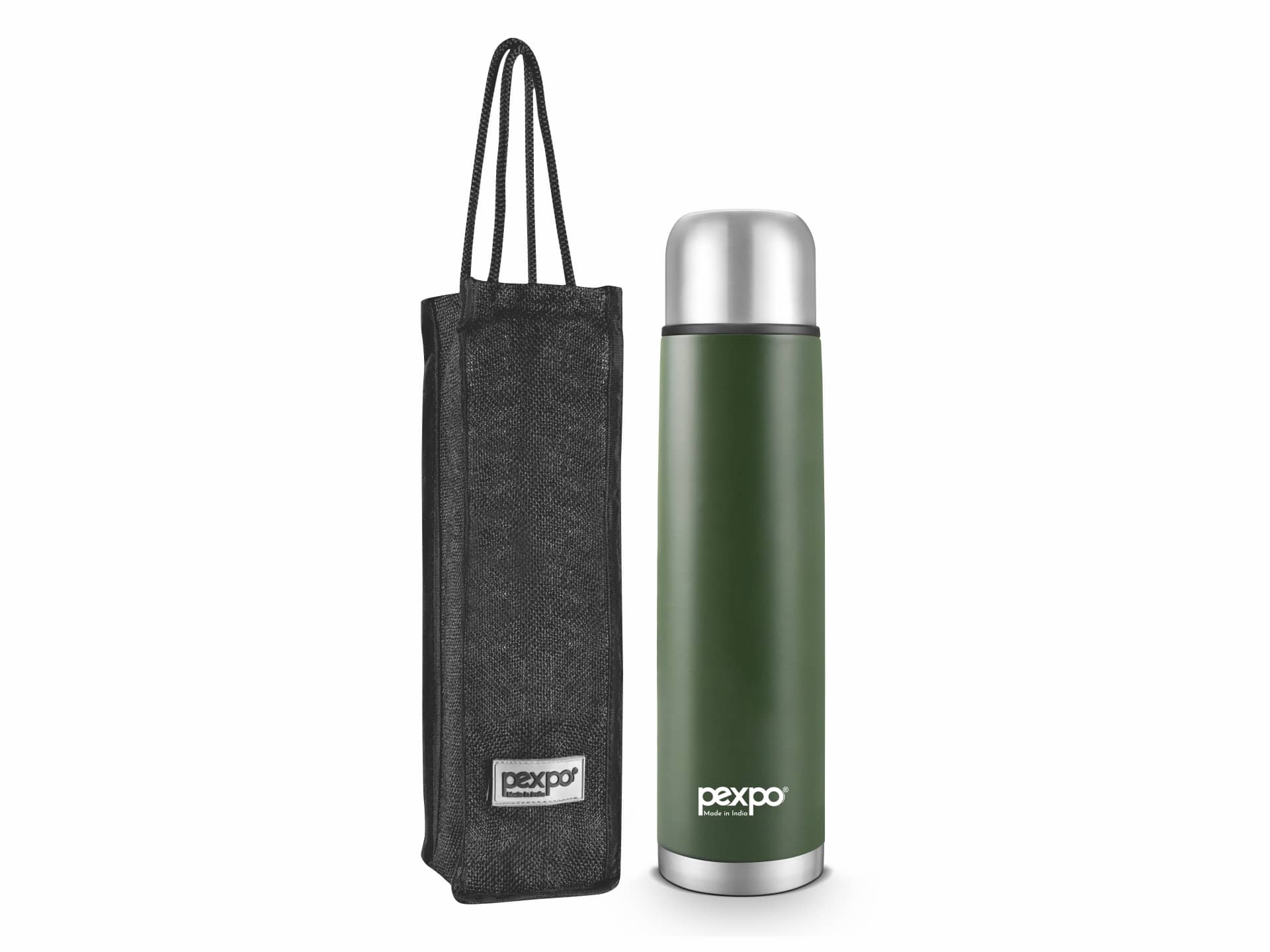 Pexpo 1000ml 24 Hrs Hot and Cold Flask with Jute-bag, Flamingo Vacuum insulated Bottle (Pack of 1, Military Green)