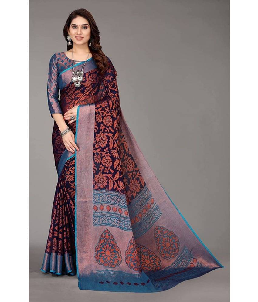     			Sitanjali Lifestyle Brasso Printed Saree With Unstitched Blouse Piece ( Navy Blue )