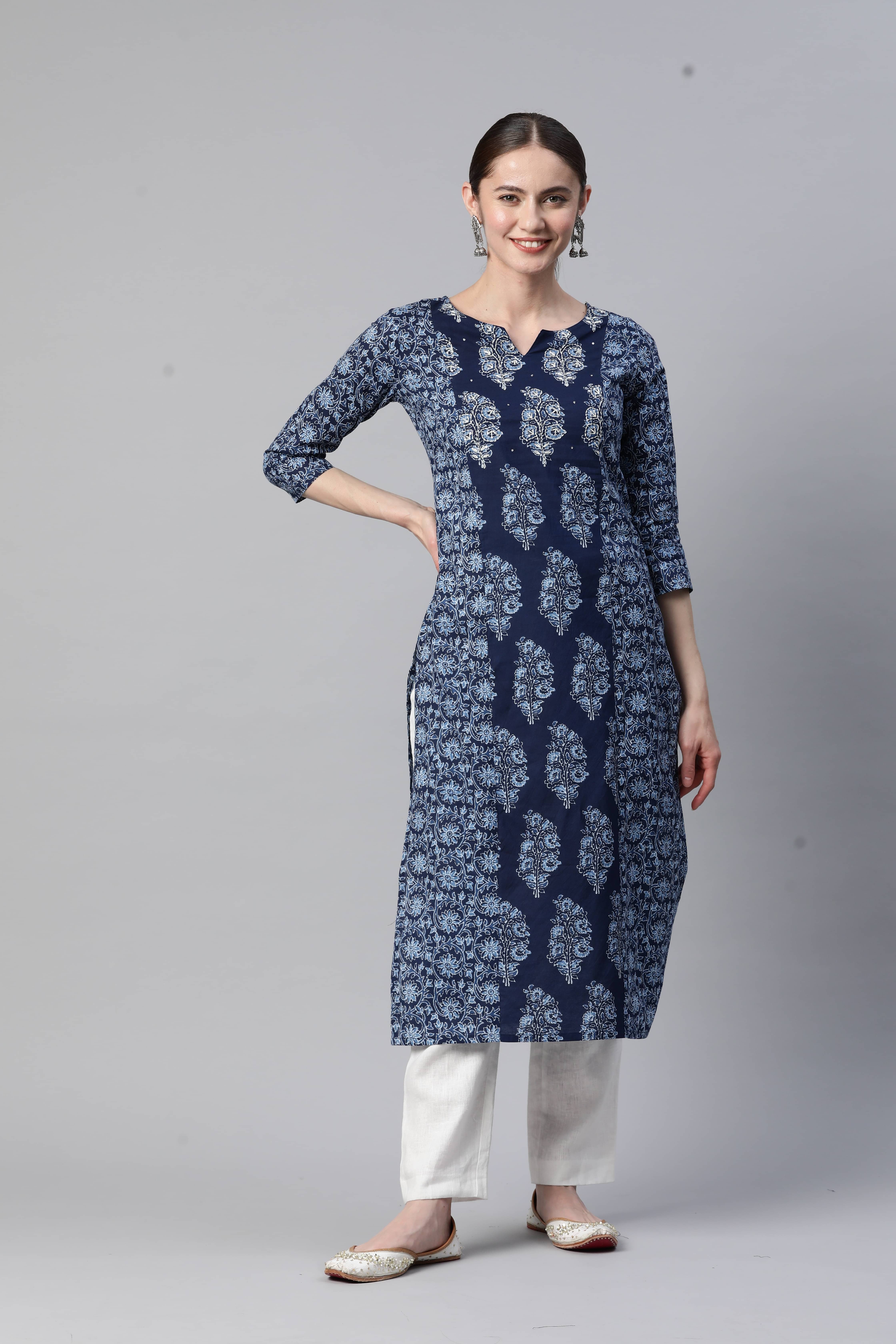 Vbuyz - Blue Cotton Women's Straight Kurti ( Pack of 1 ) Vbuyz - Blue Cotton Women's Straight Kurti ( Pack of 1 )