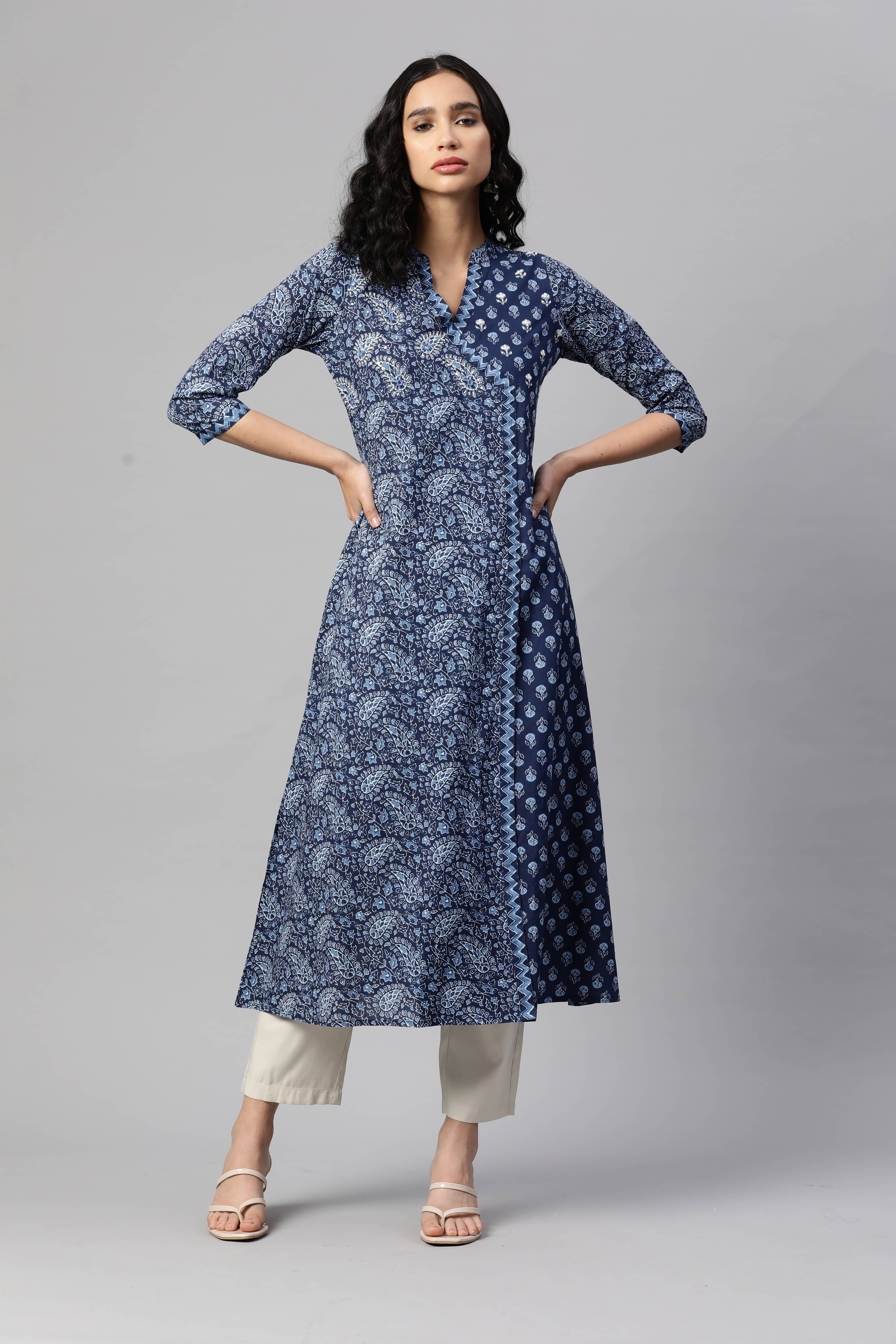 Vbuyz - Blue Cotton Women's A-line Kurti ( Pack of 1 ) - Kurtis, Tunics | Buy online on ZillyBuy