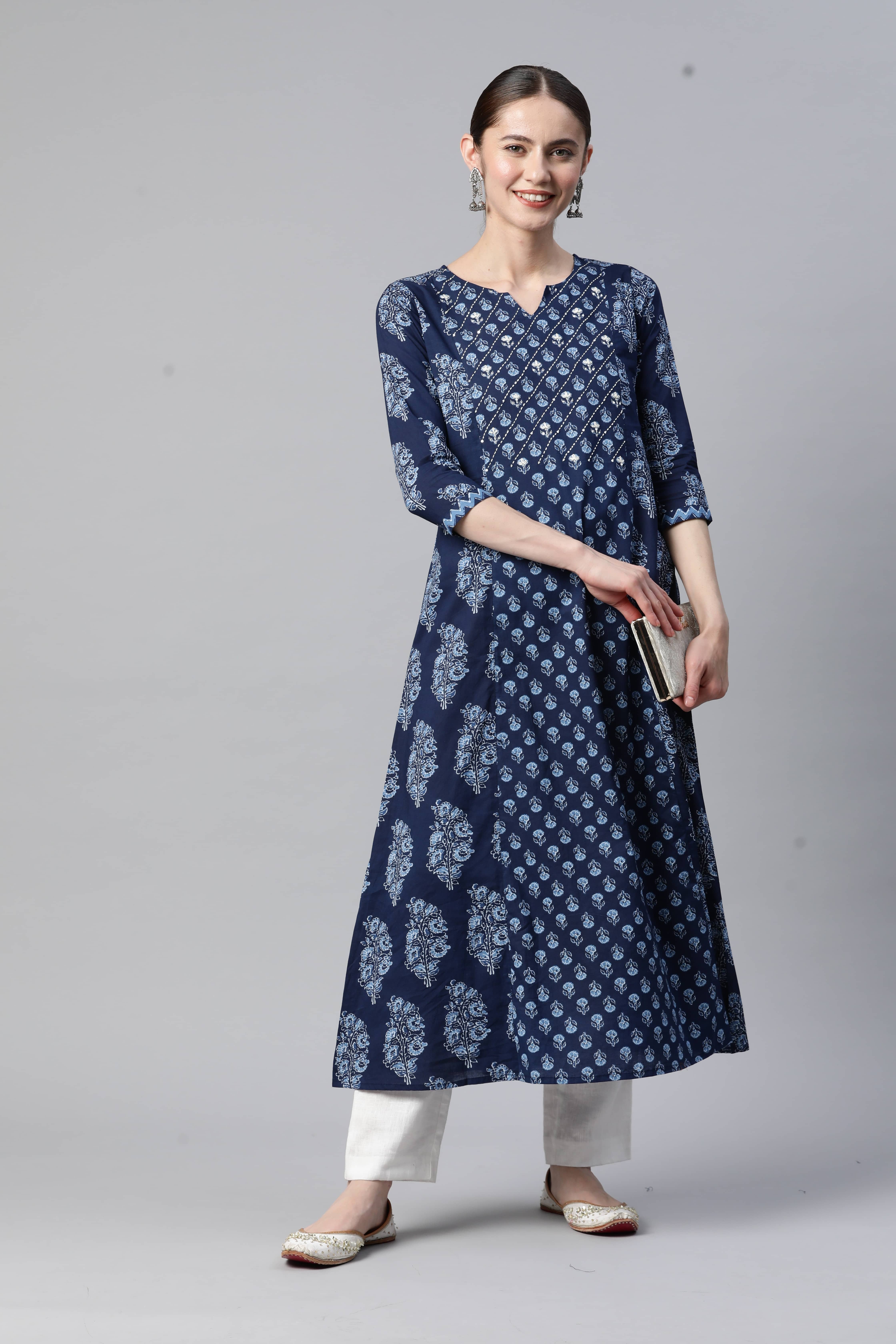 Vbuyz - Blue Cotton Women's A-line Kurti ( Pack of 1 ) - Kurtis, Tunics | Buy online on ZillyBuy