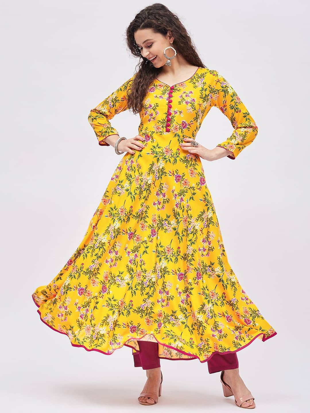 Tissu - Yellow Rayon Women's Flared Kurti ( Pack of 1 ) - Kurtis, Tunics | Buy online on ZillyBuy