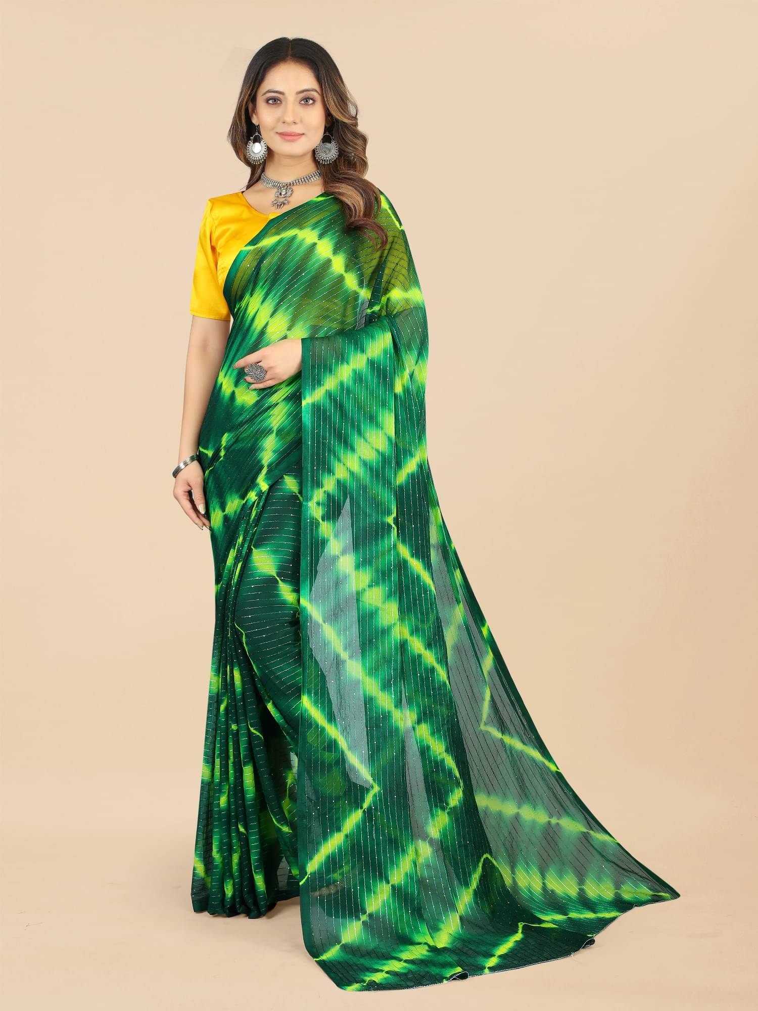     			Apnisha Chiffon Printed Saree With Unstitched Blouse Piece ( Green )