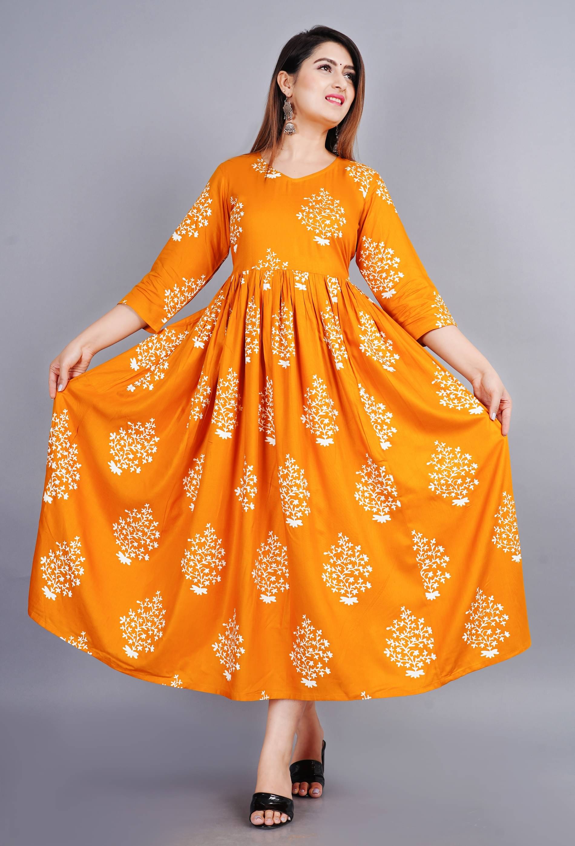 Aurelisa - Yellow Rayon Women's Flared Kurti ( Pack of 1 ) Aurelisa - Yellow Rayon Women's Flared Kurti ( Pack of 1 )