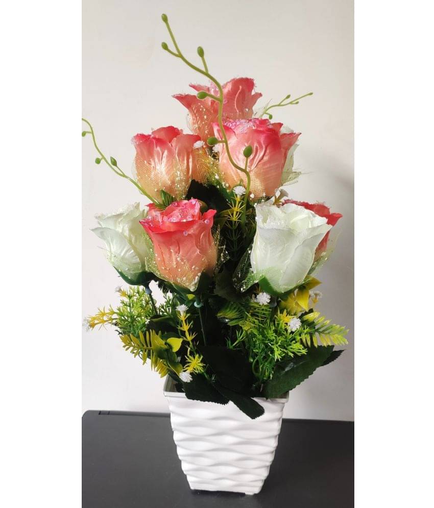     			BAARIG - Peach Rose Artificial Flowers With Pot ( Pack of 1 )