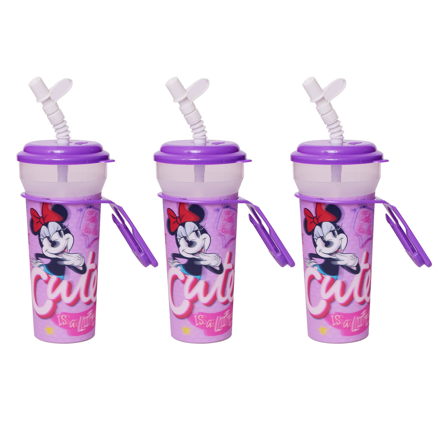 Gluman Disney Minnie Cartoon Character Printed Sipper Bottle for Girls I Leak Proof, 100% Food Grade| BPA Free | Recyclable/Reusable | Spout Lid 350ml (Pack of 3)