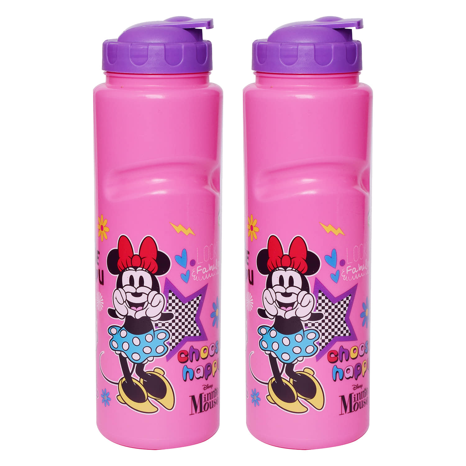 Gluman Disney Minnie Cartoon Character Printed Plastic Spout Water Bottle for Girls I Leak Proof, 100% Food Grade| BPA Free | Recyclable/Reusable | Spout Lid 700ml (Pack of 2)