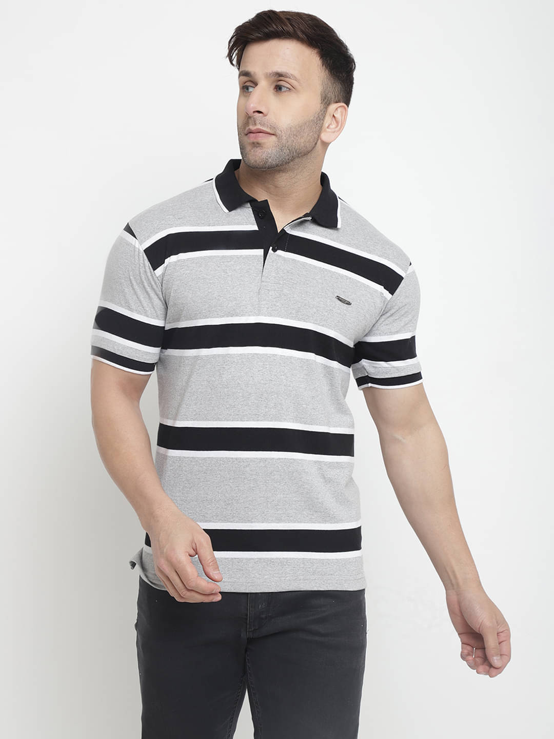 Gritstones Pack of 1 Cotton Blend Regular Fit Striped Half Sleeves Men's Polo T Shirt ( Grey Melange ) Gritstones Pack of 1 Cotton Blend Regular Fit Striped Half Sleeves Men's Polo T Shirt ( Grey Melange )