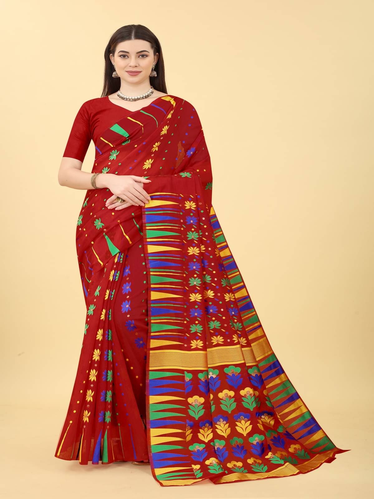     			NENCY FASHION Cotton Embellished Saree With Unstitched Blouse Piece ( Red )