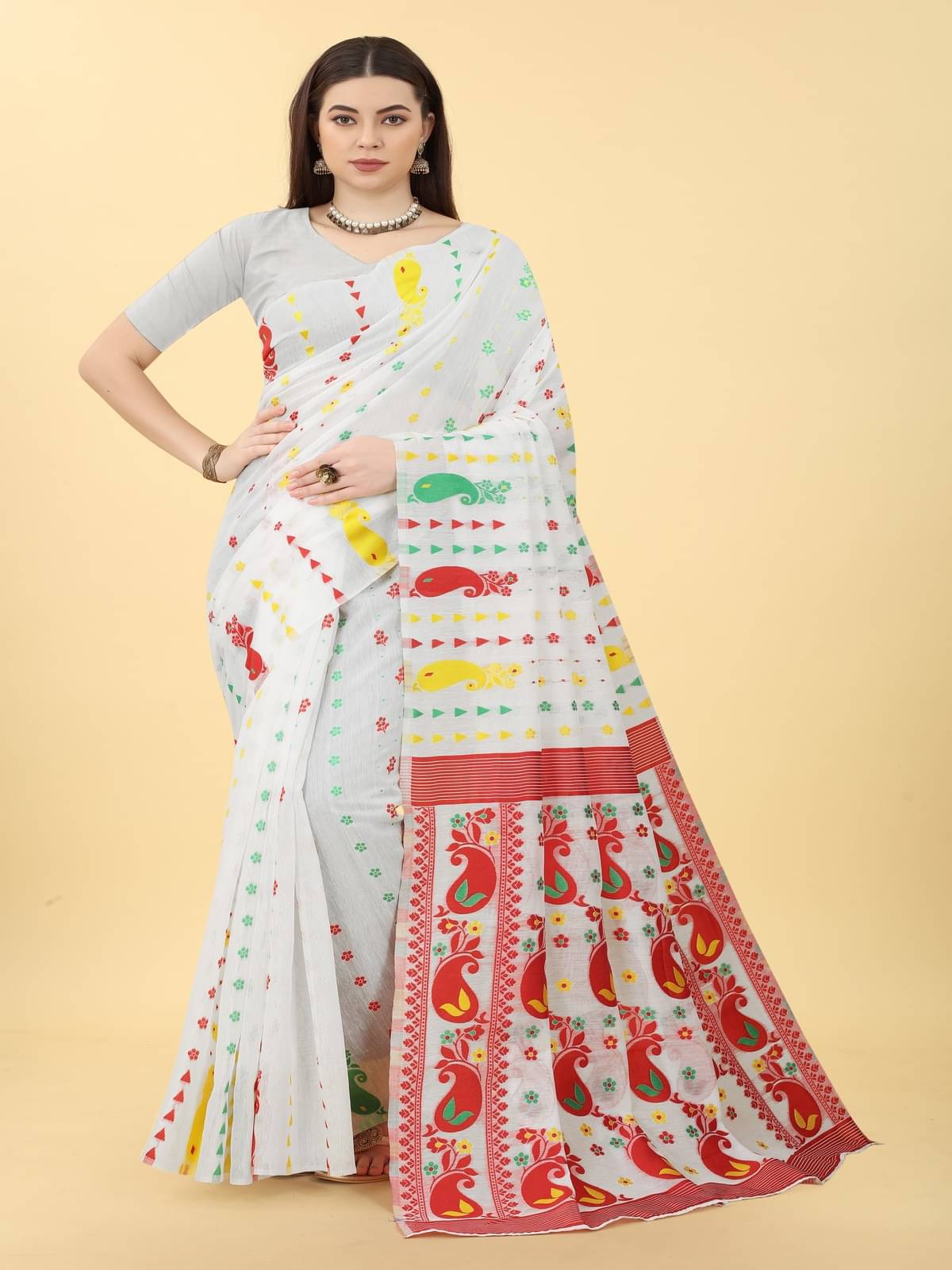     			NENCY FASHION Cotton Embellished Saree With Unstitched Blouse Piece ( White )