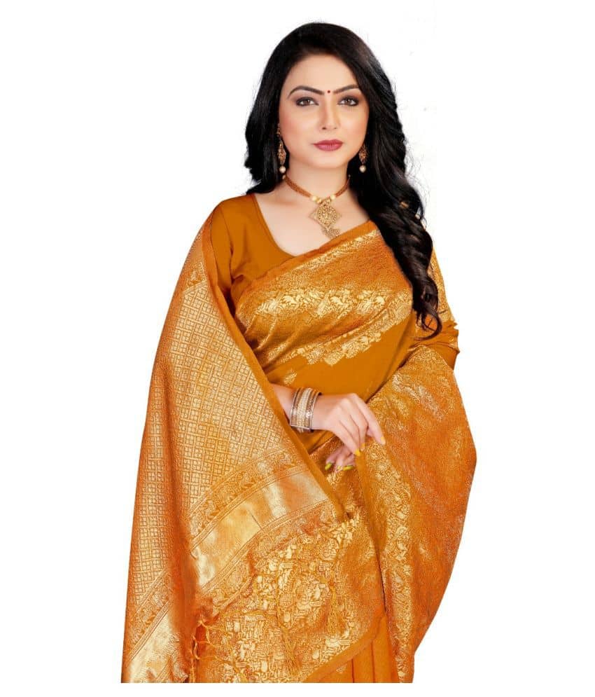 NENCY FASHIONS Banarasi Silk Saree With Unstitched Blouse Piece ( Orange ) - Sarees | Buy online on ZillyBuy