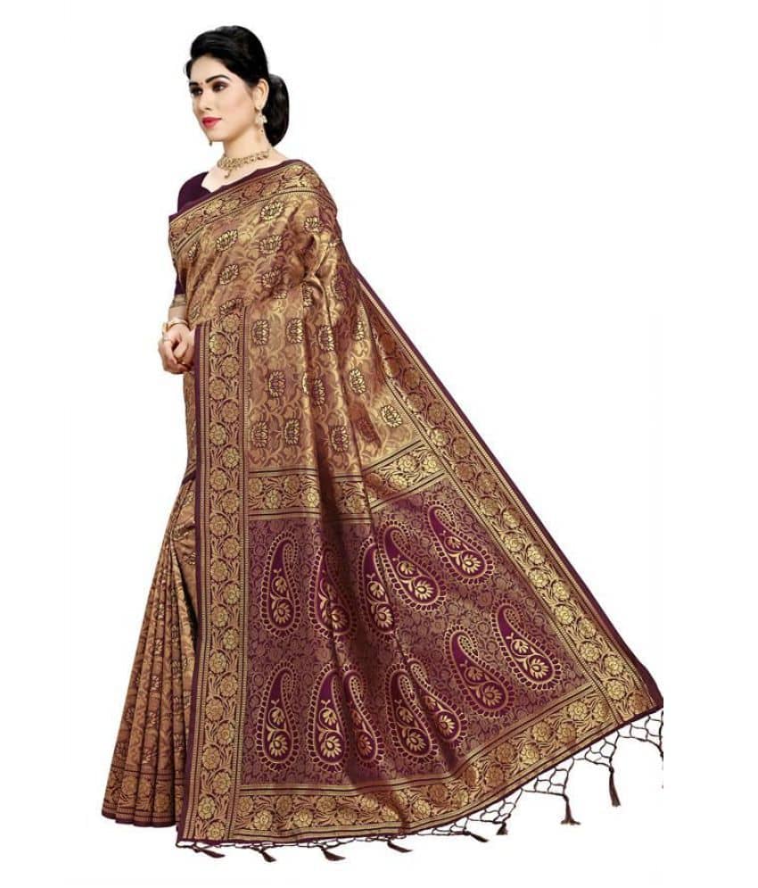 NENCY FASHIONS Banarasi Silk Saree With Unstitched Blouse Piece ( Purple ) - Sarees | Buy online on ZillyBuy