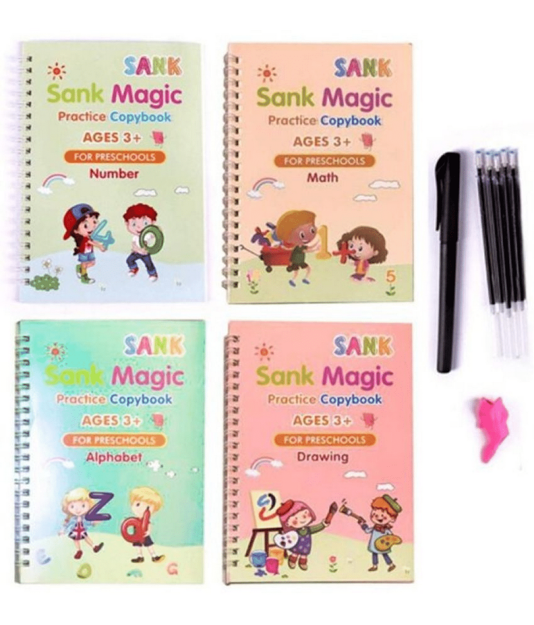     			Sank Magic Practice Copybook for Kids,Magic Calligraphy Handwriting Copybook Set,English Writing Practice Book for Kid (4 Books + 10 Refills + 1 Grip + 1 Pen) - magic book, magic practice book, sank magic practice book, magic practice copybook