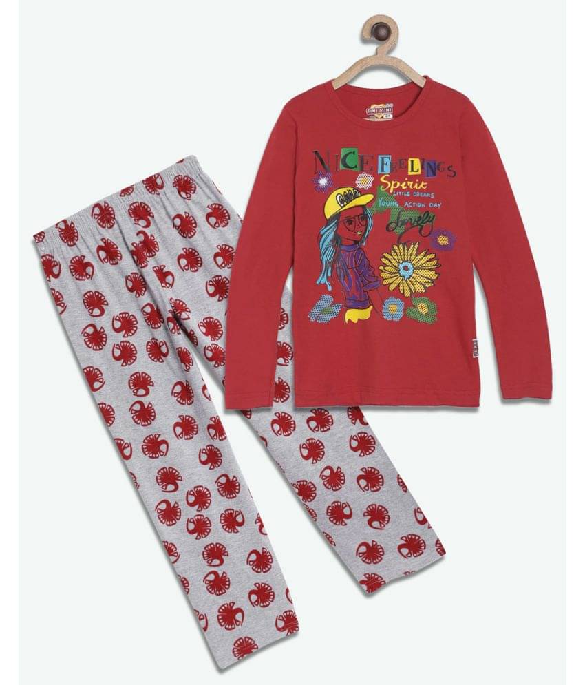     			Sini Mini Pack of 1 Girls Cotton Top With Pants ( Blood Red )