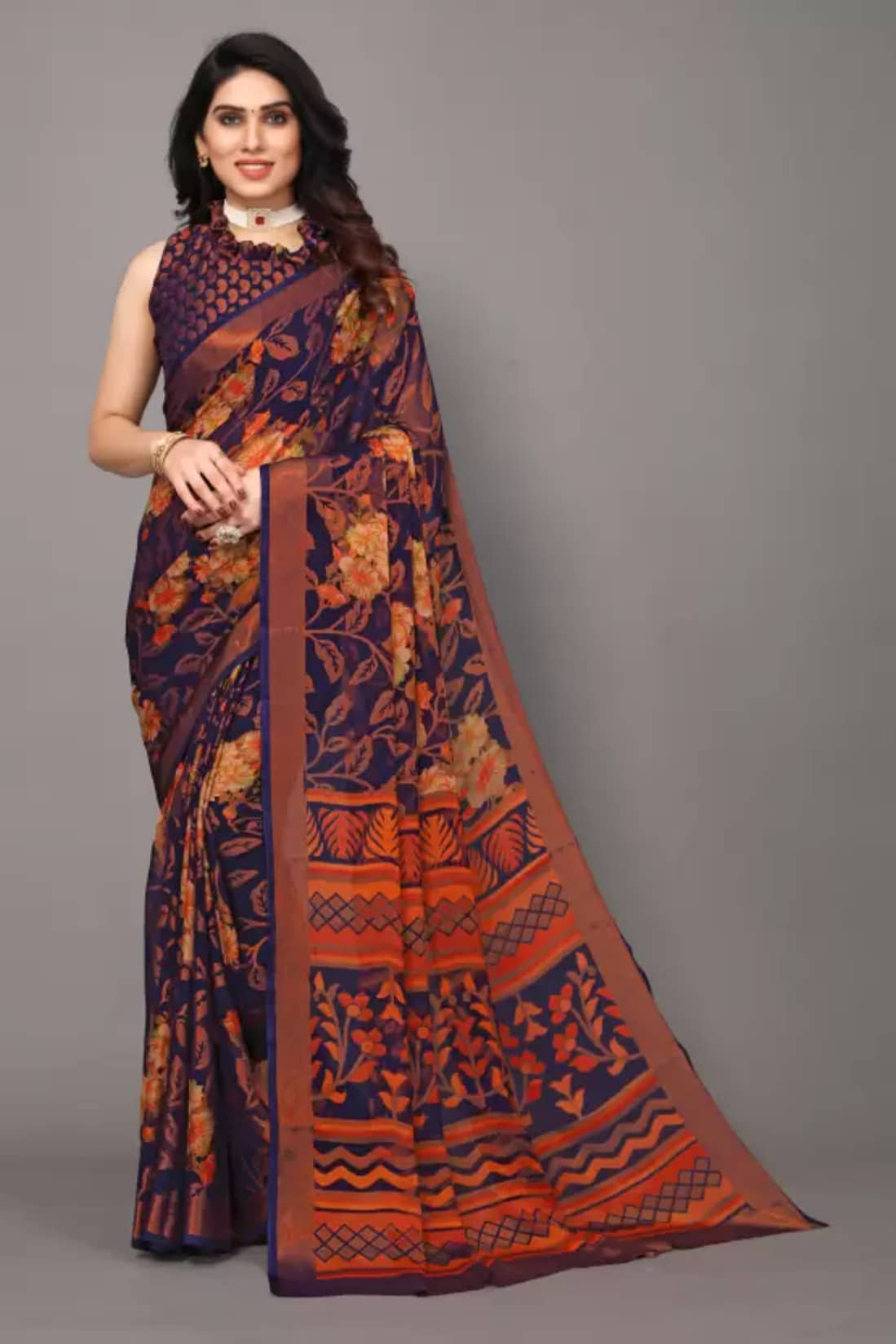 Sitnjali Lifestyle Brasso Printed Saree With Unstitched Blouse Piece ( Navy Blue ) - Sarees | Buy online on ZillyBuy