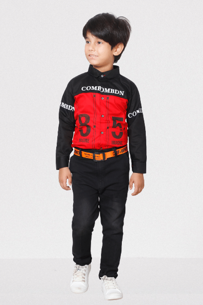 DKGF Fashion Pack of 1 Boys Cotton Blend Shirt & Jeans Set ( Red )     			DKGF Fashion Pack of 1 Boys Cotton Blend Shirt & Jeans Set ( Red )