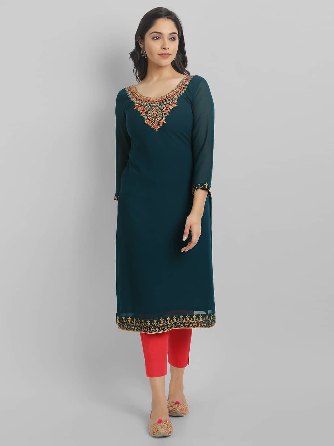 Femvy - Green Georgette Women's Straight Kurti ( Pack of 1 ) - Kurtis, Tunics | Buy online on ZillyBuy