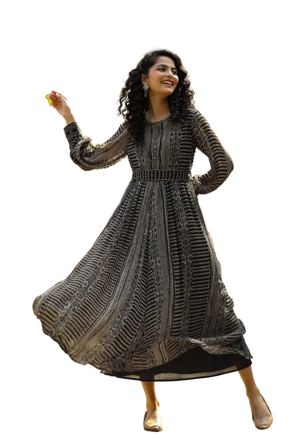 Juniper Women Chiffon Printed Fit & Flare Dress ( Black )