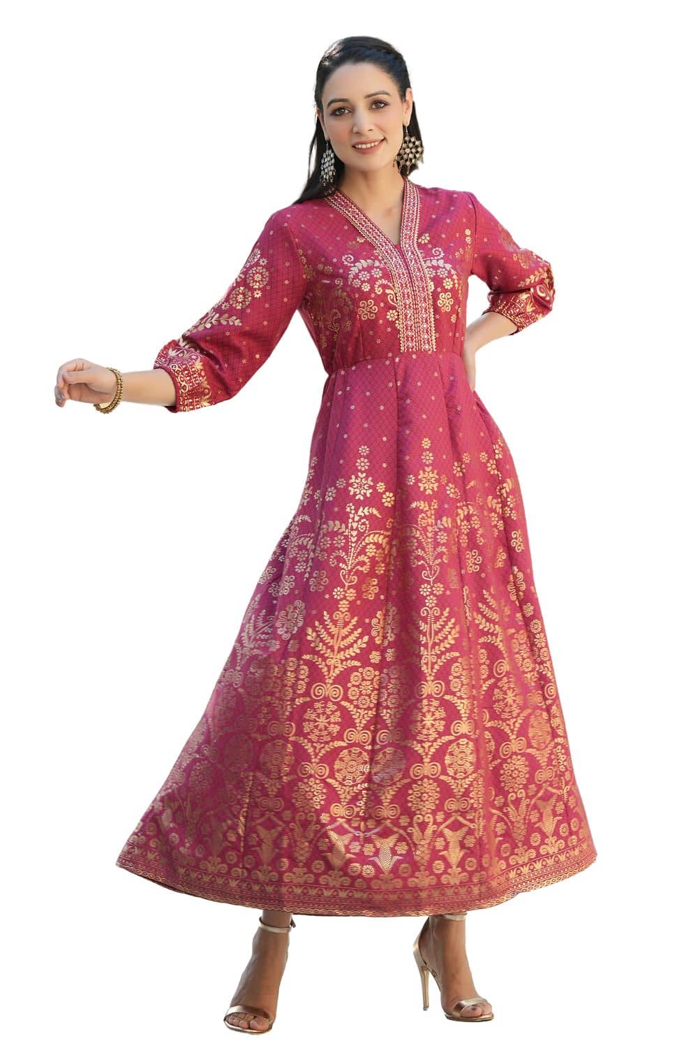Juniper Women Rayon Printed Ethnic Dress ( Maroon )