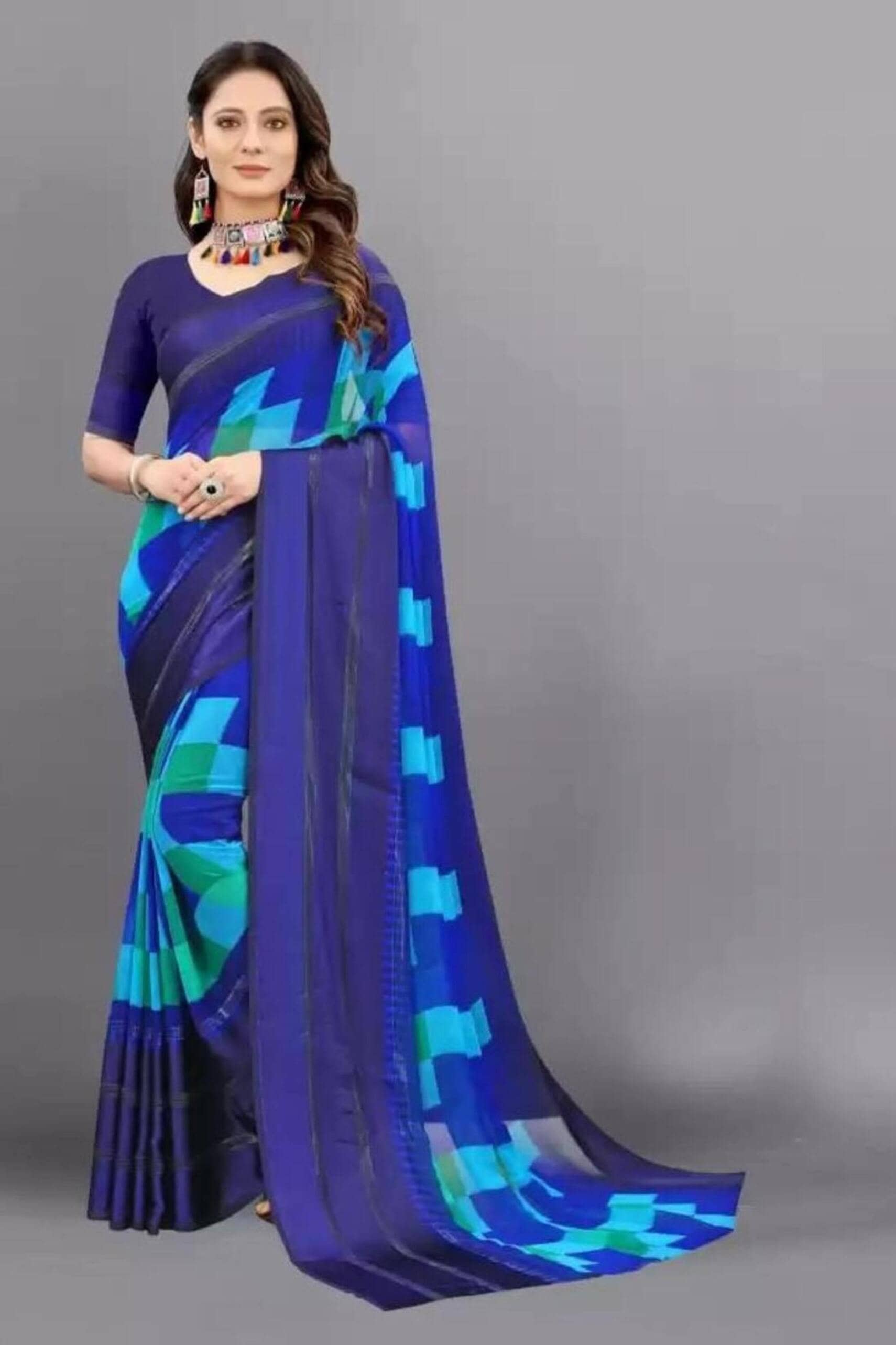 Sitanjali Lifestyle Georgette Printed Saree With Unstitched Blouse Piece ( Blue ) - Sarees | Buy online on ZillyBuy