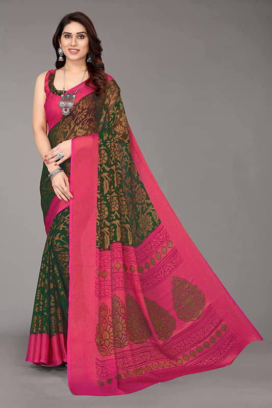     			Sitanjali Lifestyle Brasso Printed Saree With Unstitched Blouse Piece ( Green )