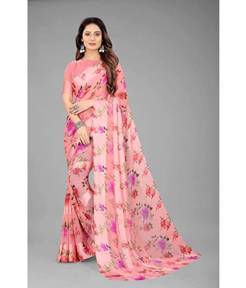     			Sitnjali Lifestyle Georgette Printed Saree With Unstitched Blouse Piece ( Pink )