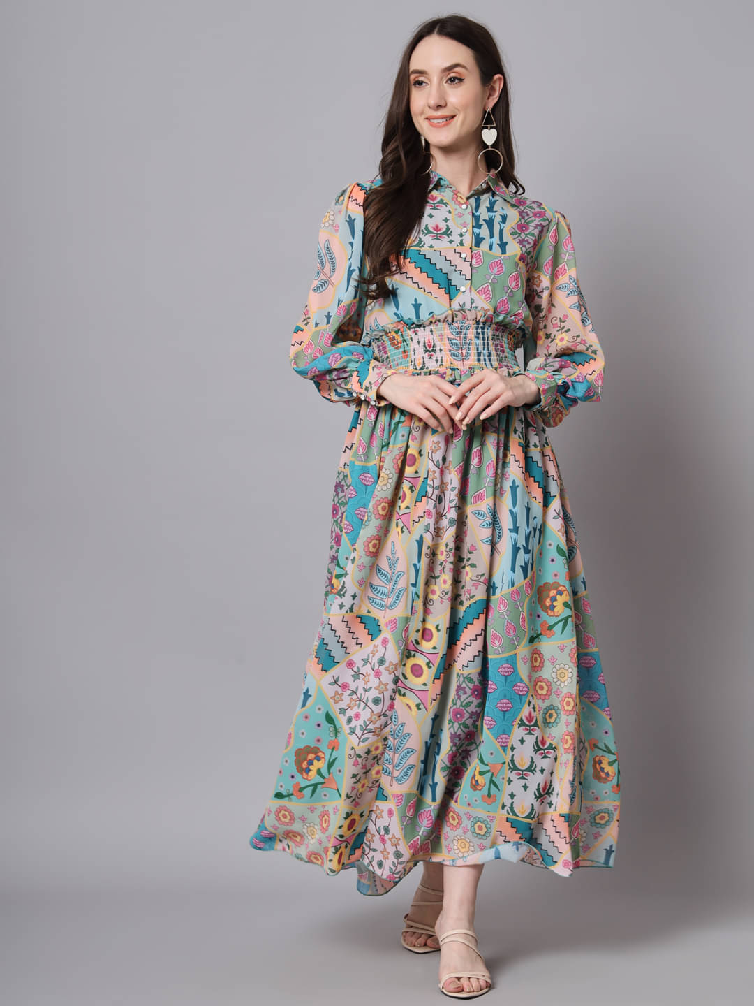     			The Dry State Women Cotton Blend Printed Fit & Flare Dress ( Multicolor )