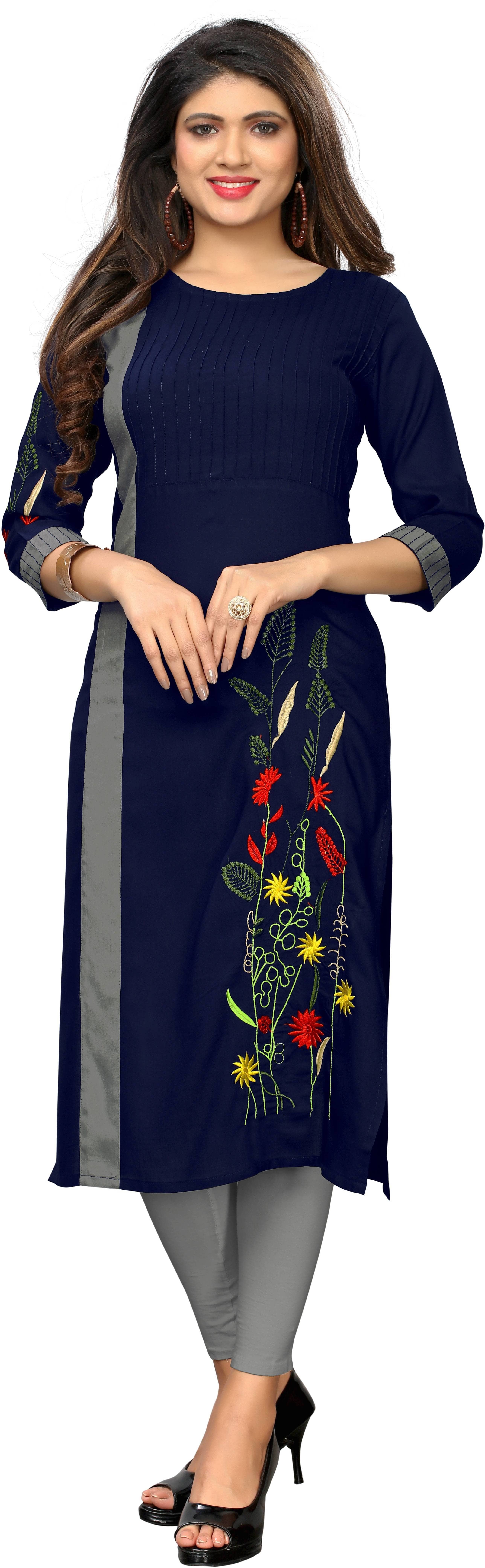 Vbuyz - Blue Rayon Women's Straight Kurti ( Pack of 1 ) - Kurtis, Tunics | Buy online on ZillyBuy