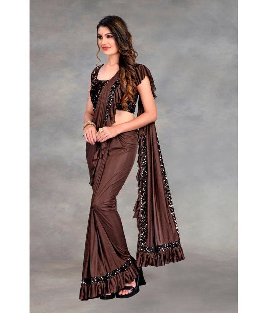 Aika Lycra Embellished Saree With Unstitched Blouse Piece ( Coffee ) Aika Lycra Embellished Saree With Unstitched Blouse Piece ( Coffee )