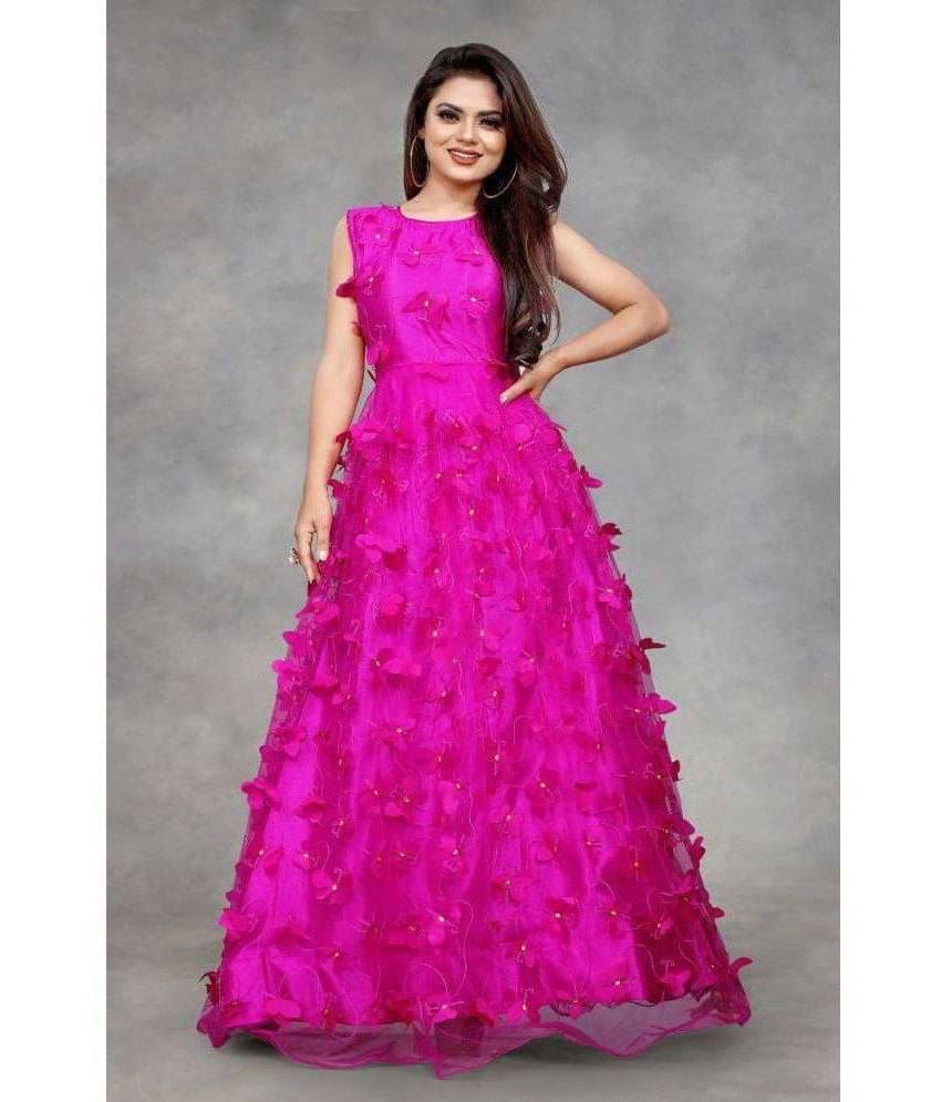 Aika Women Net Applique Ethnic Dress ( Pink ) Aika Women Net Applique Ethnic Dress ( Pink )