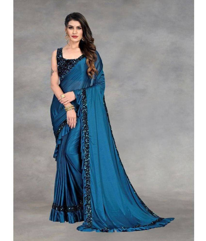     			Apnisha Lycra Embellished Saree With Unstitched Blouse Piece ( Blue )