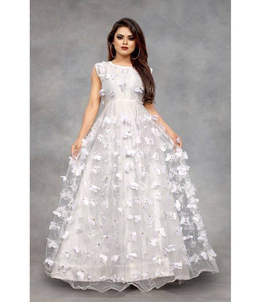     			Apnisha Women Net Applique Ethnic Dress ( White )