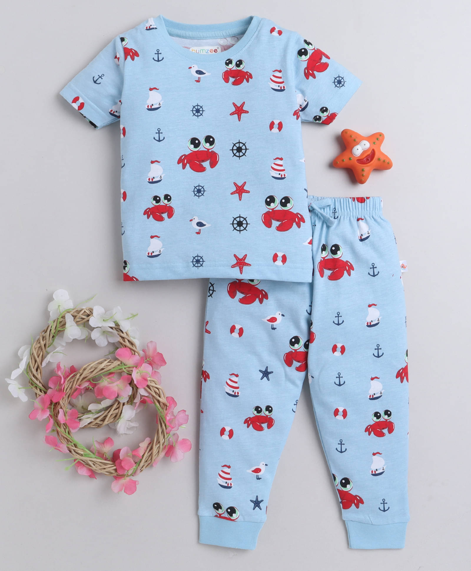     			BUMZEE Pack of 1 Baby Boys Cotton T-Shirt & Pyjama Set ( Light Blue )