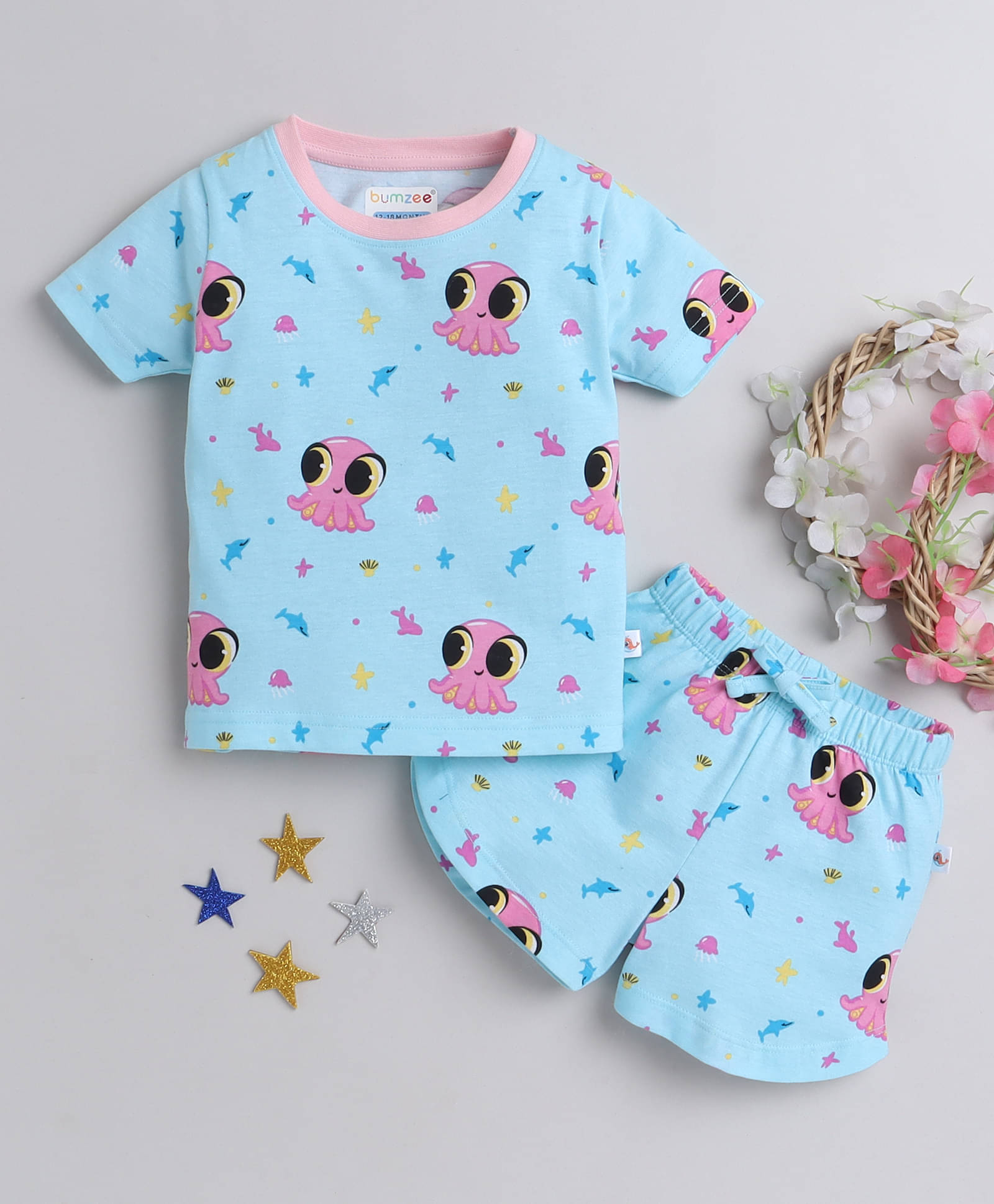     			BUMZEE Pack of 1 Girls Cotton Top With Shorts ( Sky Blue )