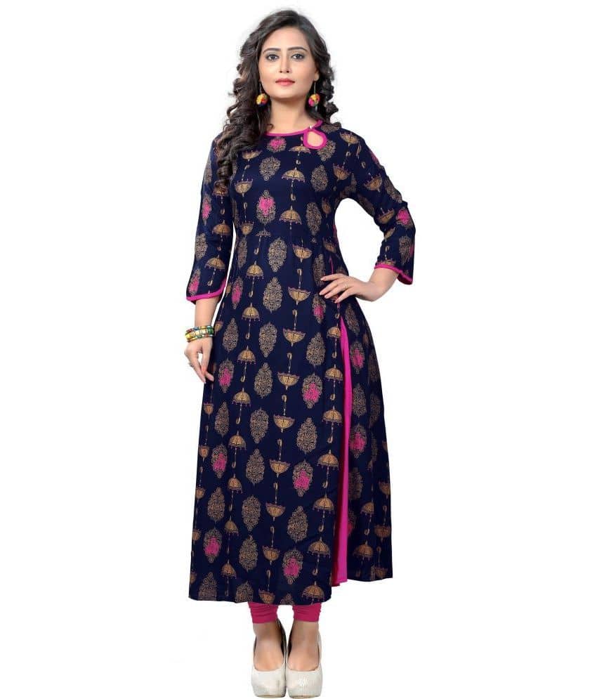 Vbuyz - Blue Rayon Women's Front Slit Kurti ( Pack of 1 ) - Kurtis, Tunics | Buy online on ZillyBuy