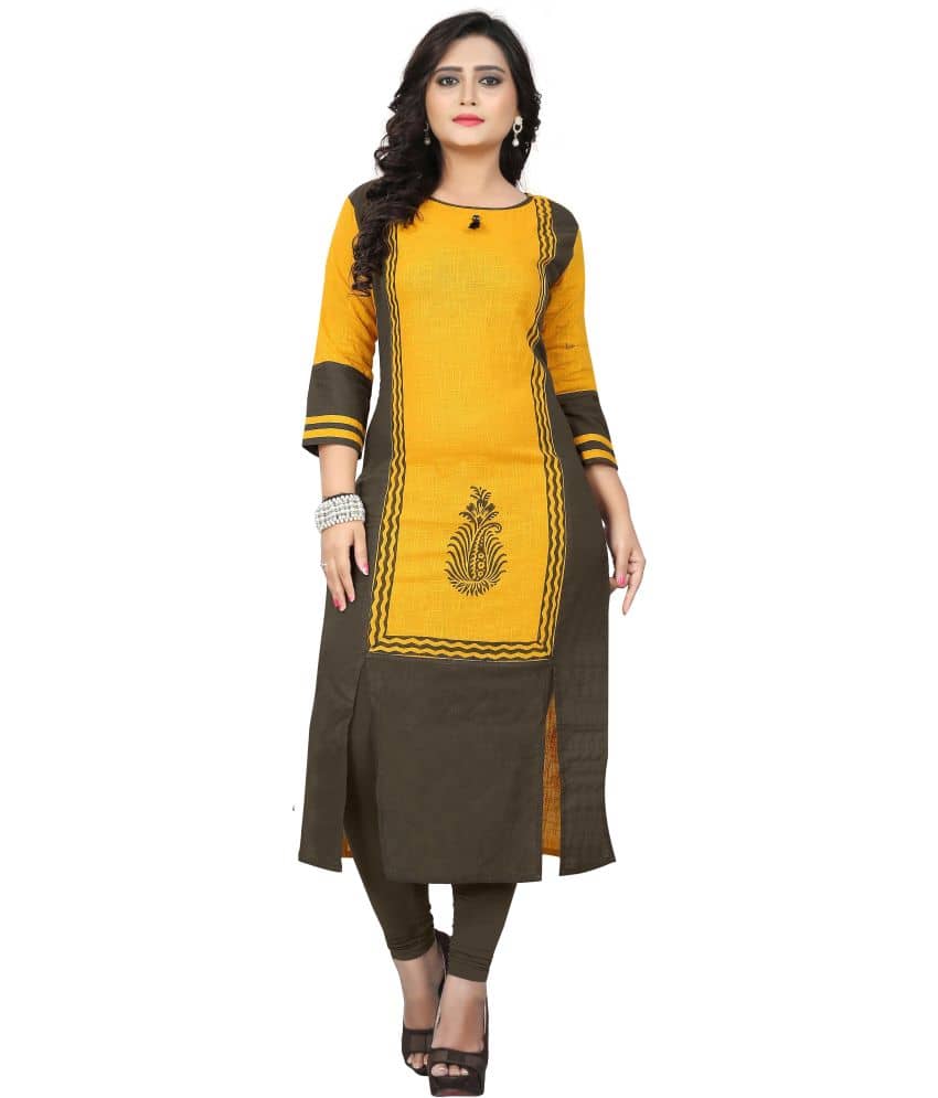 Vbuyz - Yellow Cotton Women's Front Slit Kurti ( Pack of 1 ) - Kurtis, Tunics | Buy online on ZillyBuy