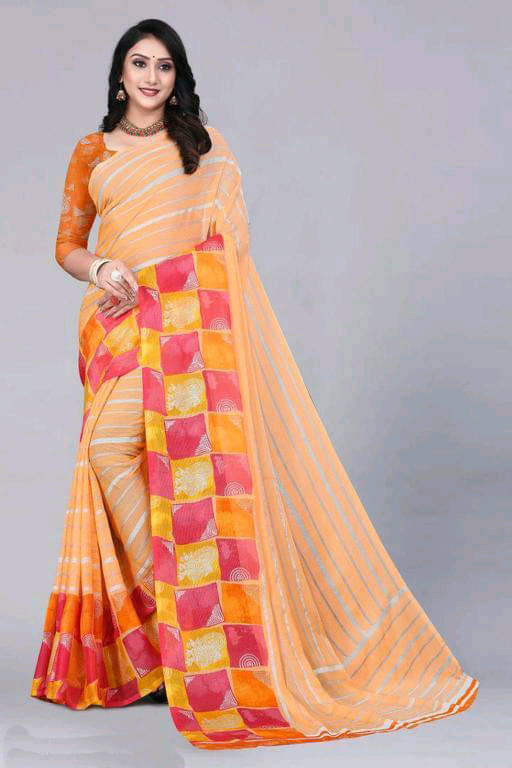     			Bhuwal Fashion Chiffon Striped Saree With Unstitched Blouse Piece ( Orange )
