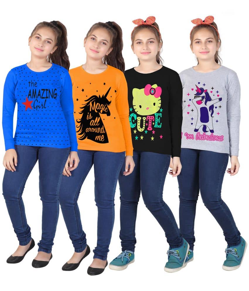 MIST N FOGG Pack of 4 Girls Cotton Blend T-Shirt ( Multicolor )
