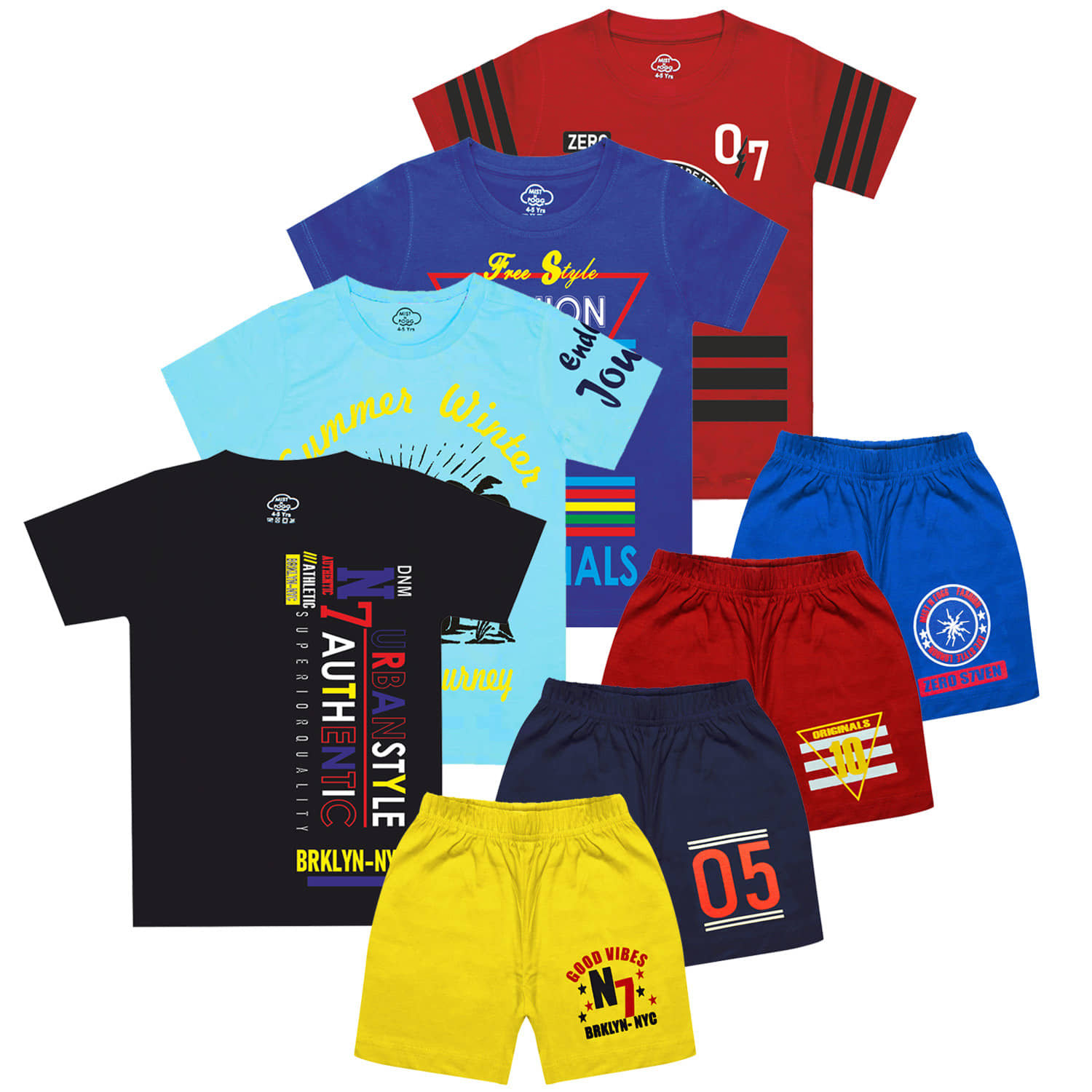 MIST N FOGG Pack of 4 Boys Cotton Blend T-Shirt & Shorts Set ( Multicolor )