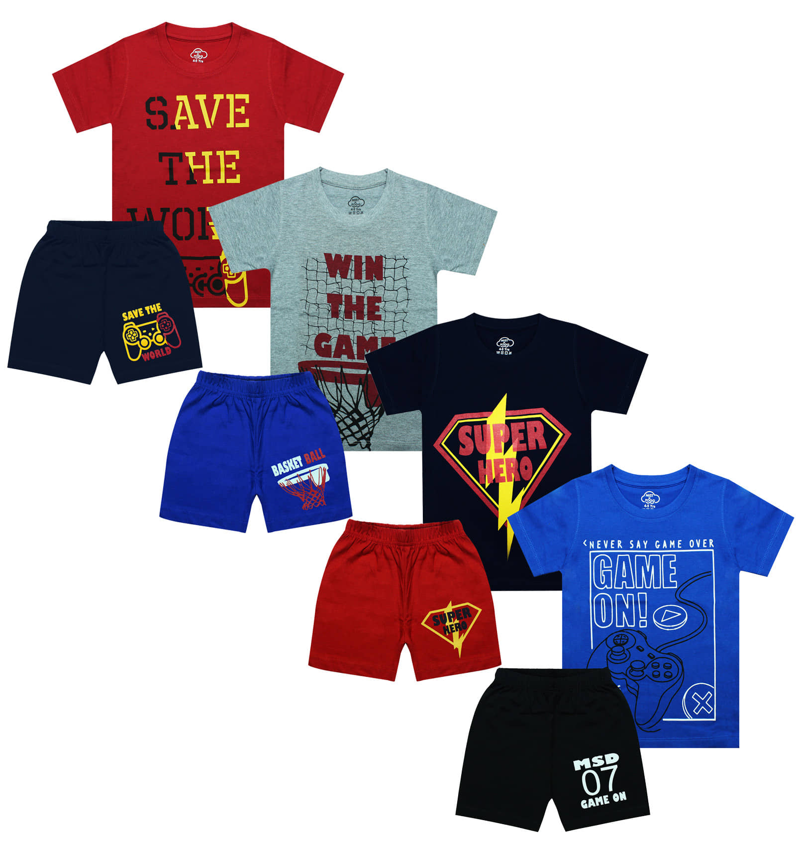 MIST N FOGG Pack of 4 Boys Cotton Blend T-Shirt & Shorts Set ( Multicolor )