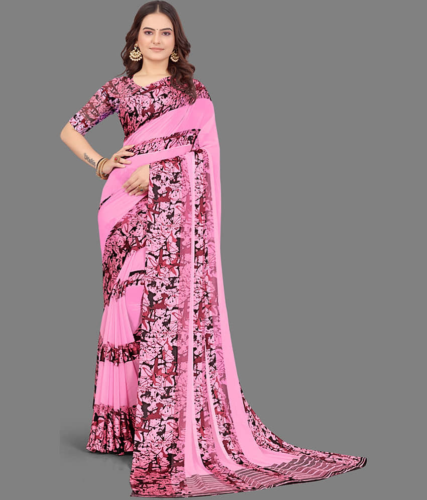 Sanjana Silks Georgette Printed Saree With Unstitched Blouse Piece ( Pink )