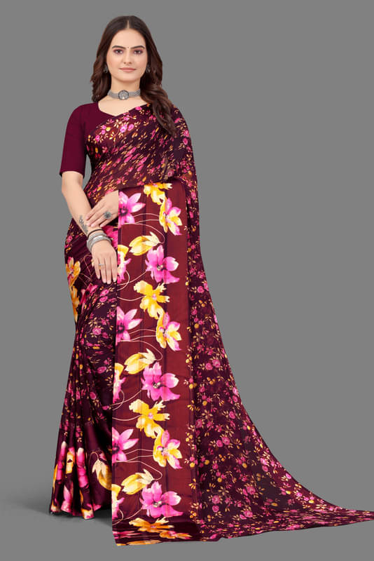 Sanjana Silks Georgette Printed Saree With Unstitched Blouse Piece ( Wine ) Sanjana Silks Georgette Printed Saree With Unstitched Blouse Piece ( Wine )